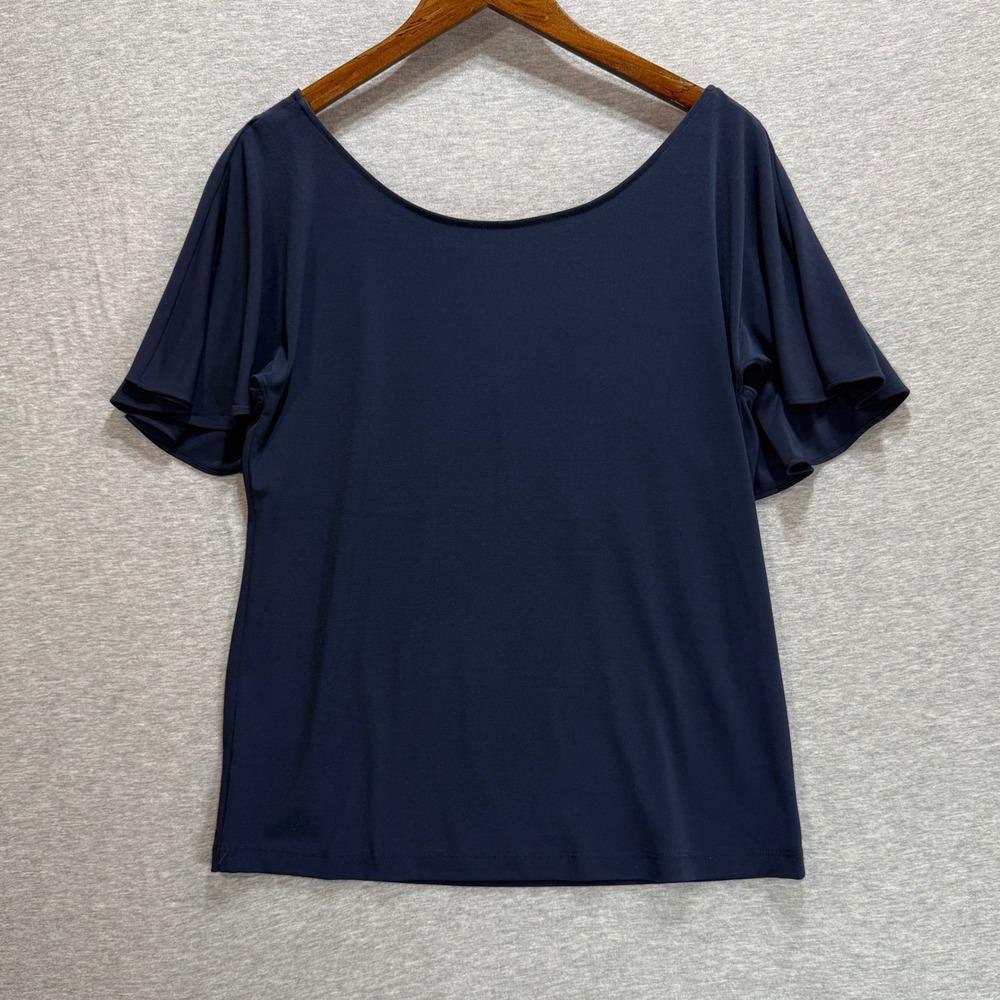 Ann Taylor Factory Ruffle Top Womens Size M Navy Blue Flutter Sleeve Office